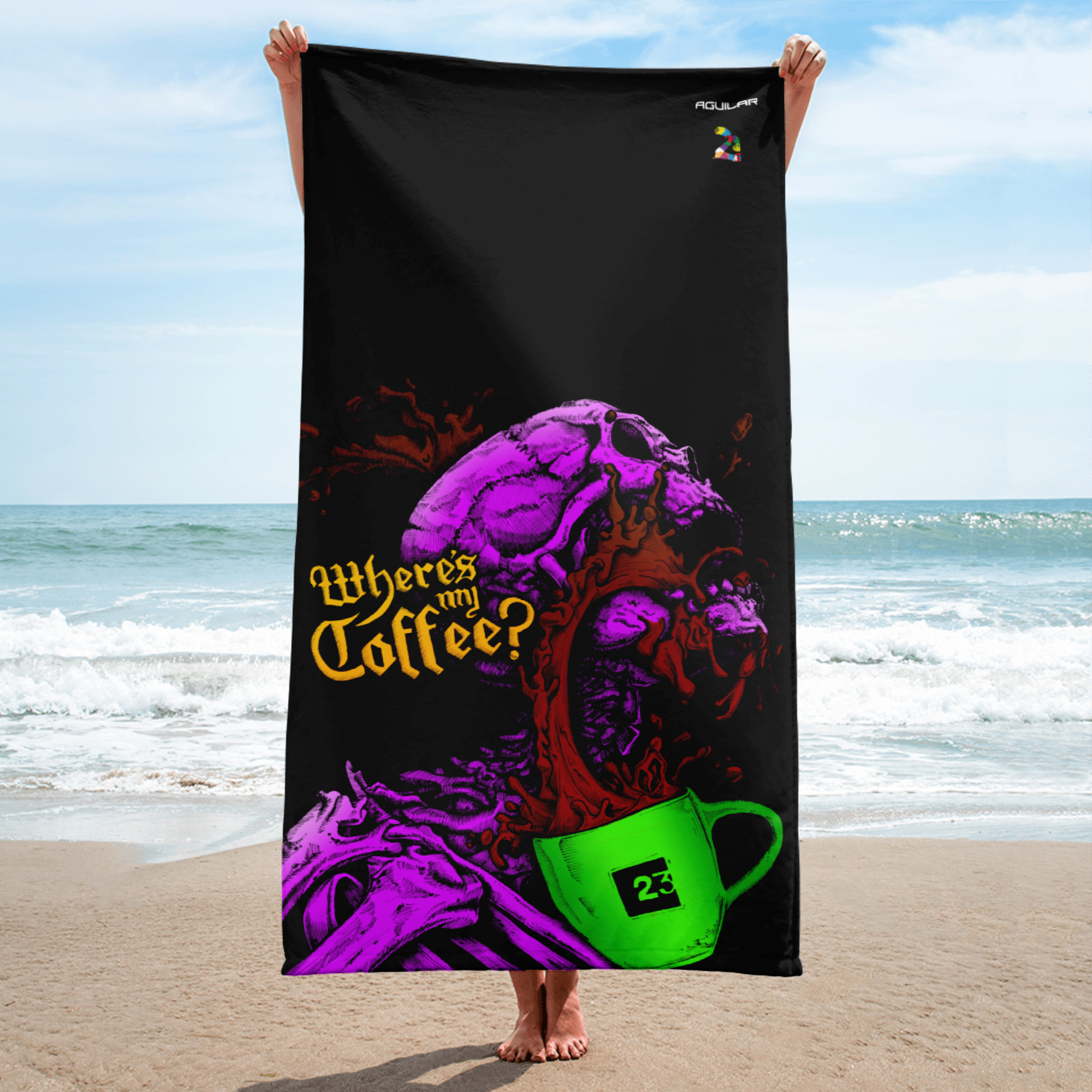 AGUILAR Allover printed towel "Where is my Coffee?"