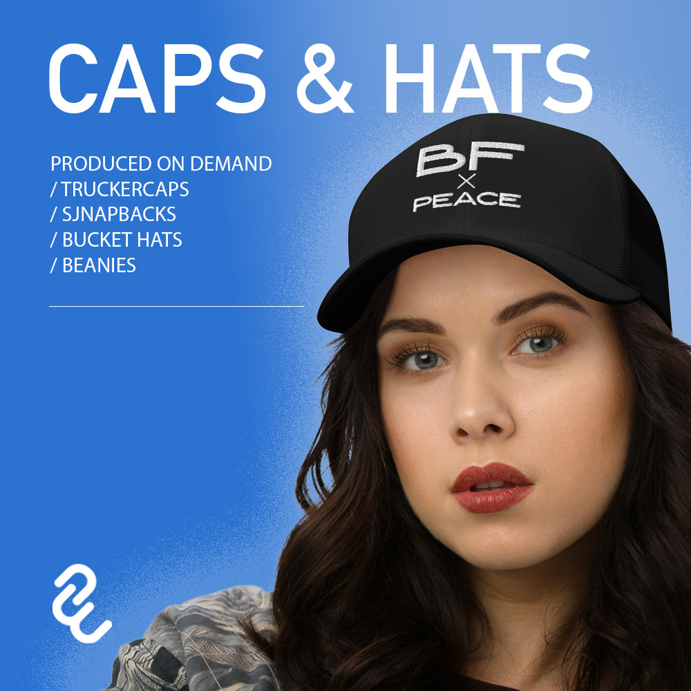 Truckercaps, Snapback Caps, Bucket Hats and Beanies with prints or embroideries-