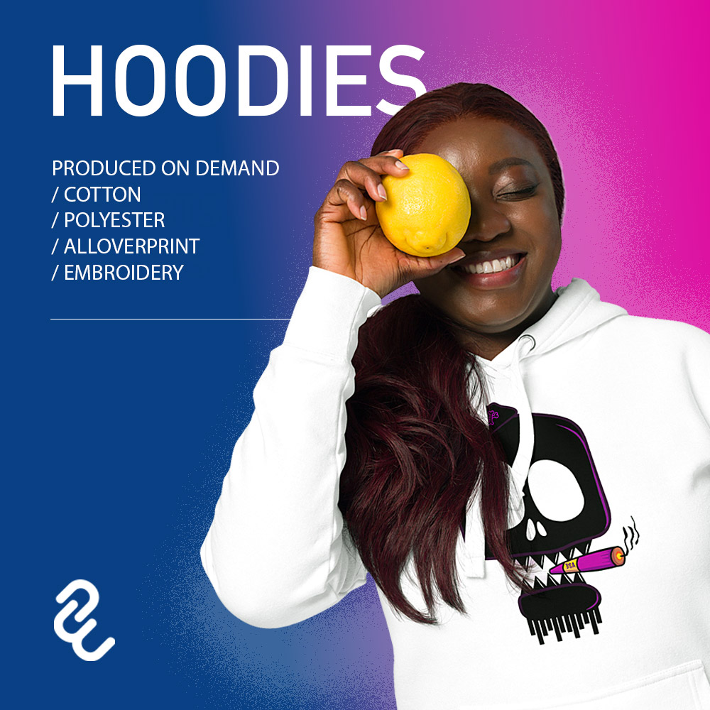 Hoodies nmade in cotton or polyester with DTG print, Alloverprinted or embroidered